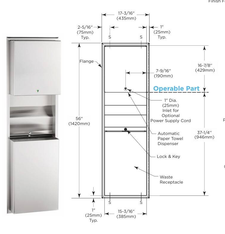 Sonia - Bobrick Classic Fotoselli Yarı Ankastre Paslanmaz Çelik Kağıt Dispanseri Çöp Kovası Sıva Üstü - A.1BB.B-3974 - 2